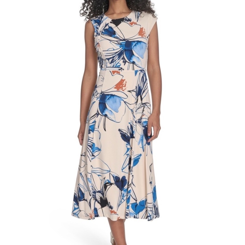 Calvin Klein Floral Midi Dress Women 18W NWT Sleeveless Scuba Blue Cream $139